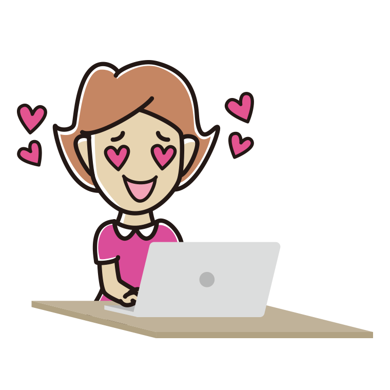 パソコンを見て目がハートになる女性のイラスト【色あり、背景なし】透過PNG