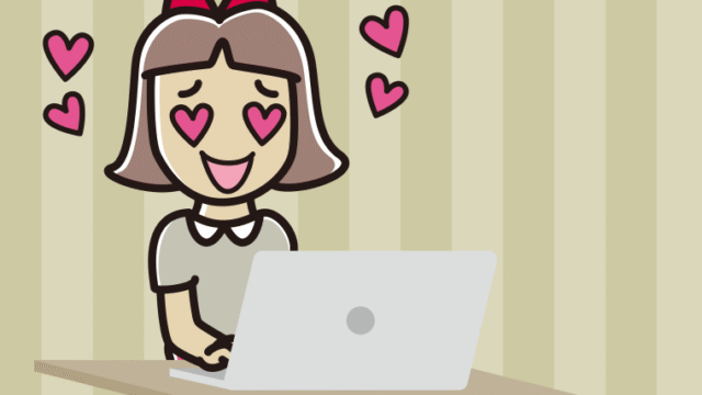 パソコンを見て目がハートになる小学生女子のイラスト【色、背景あり】PNG