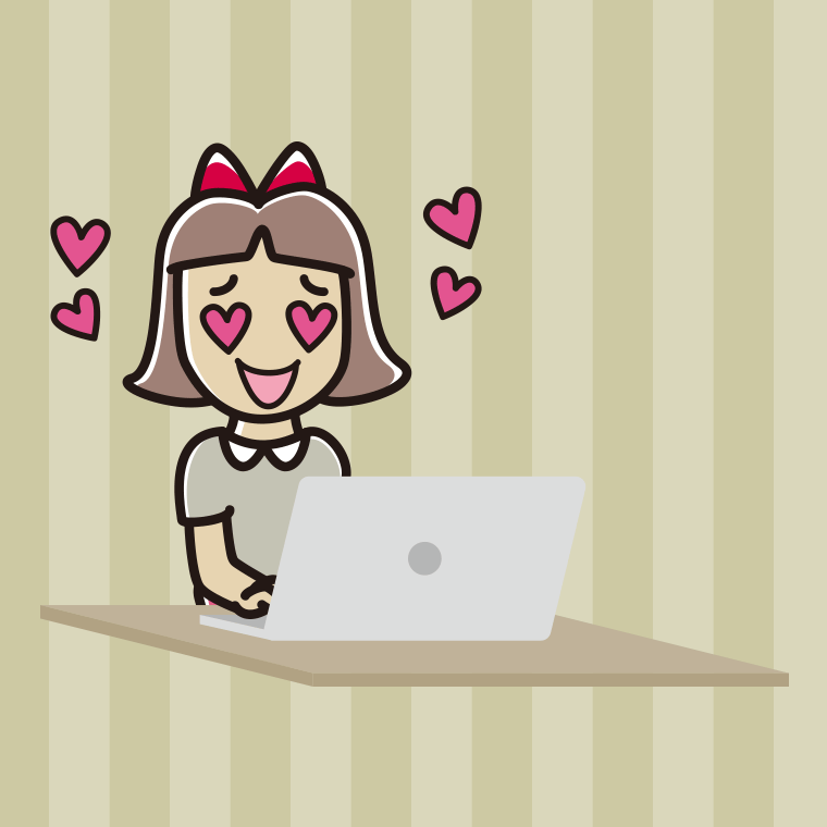 パソコンを見て目がハートになる小学生女子のイラスト【色、背景あり】PNG