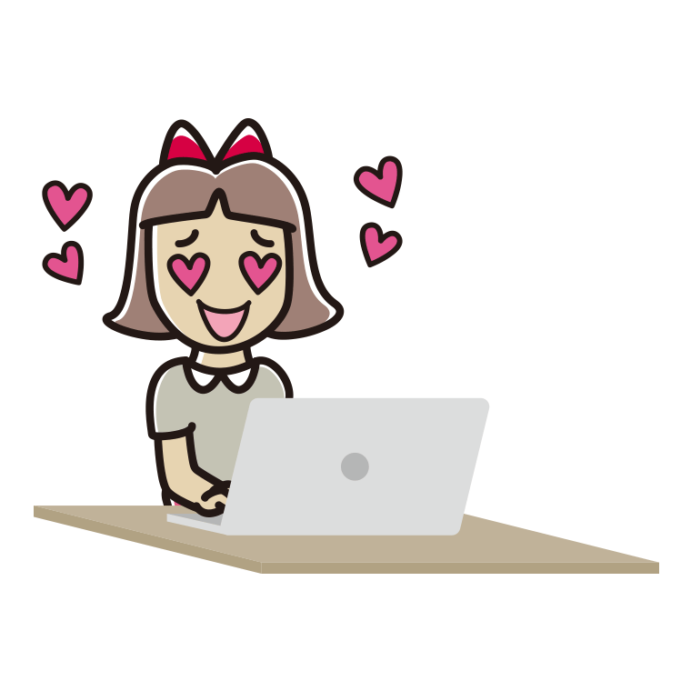 パソコンを見て目がハートになる小学生女子のイラスト【色あり、背景なし】透過PNG