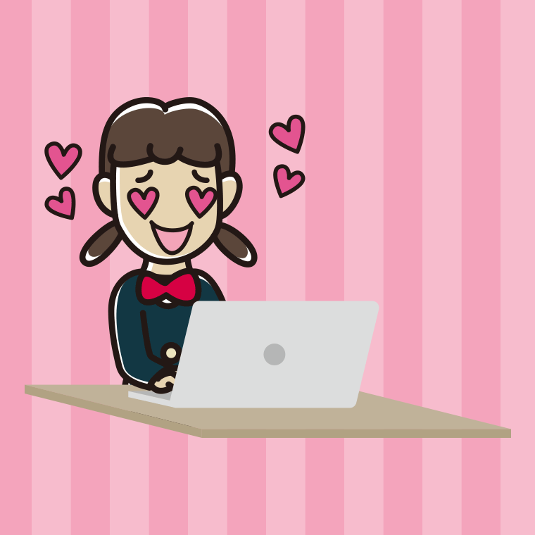 パソコンを見て目がハートになる女子中学生のイラスト【色、背景あり】PNG