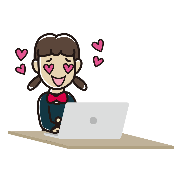 パソコンを見て目がハートになる女子中学生のイラスト【色あり、背景なし】透過PNG