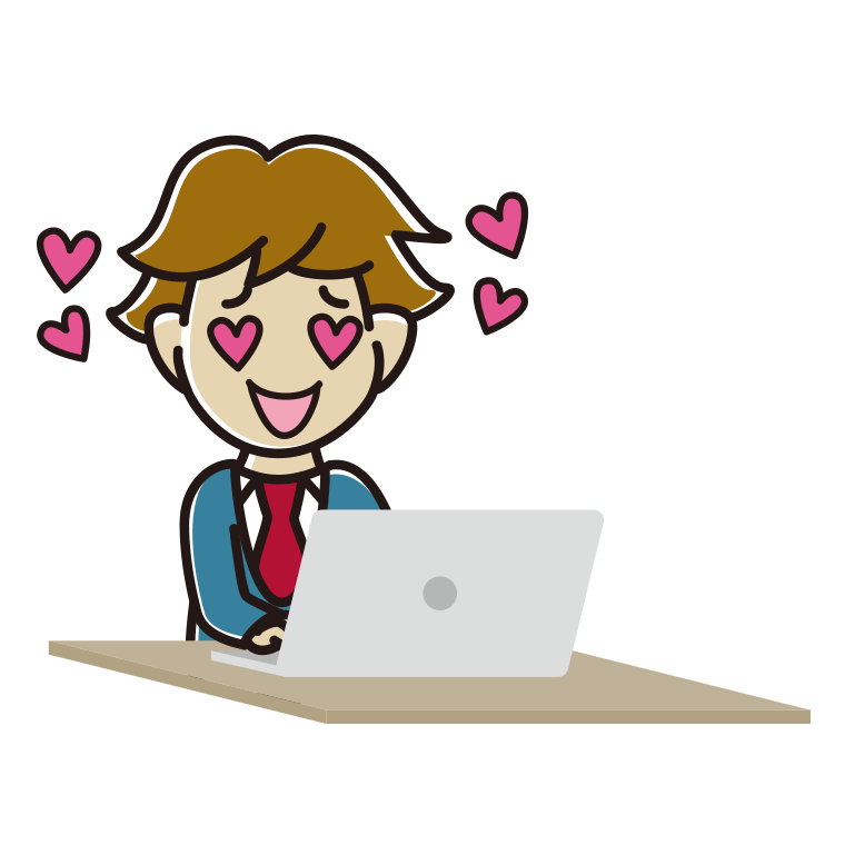 パソコンを見て目がハートになる男子高校生のイラスト【色あり、背景なし】透過PNG