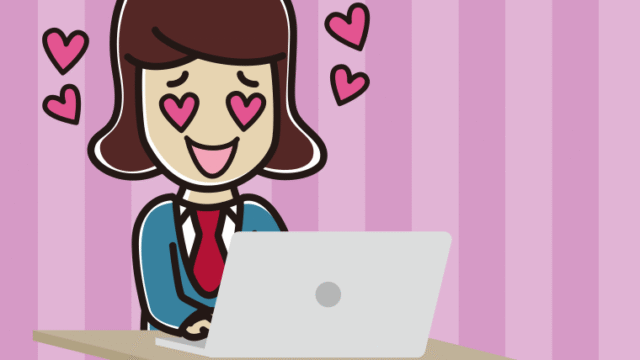 パソコンを見て目がハートになる女子高校生のイラスト【色、背景あり】PNG