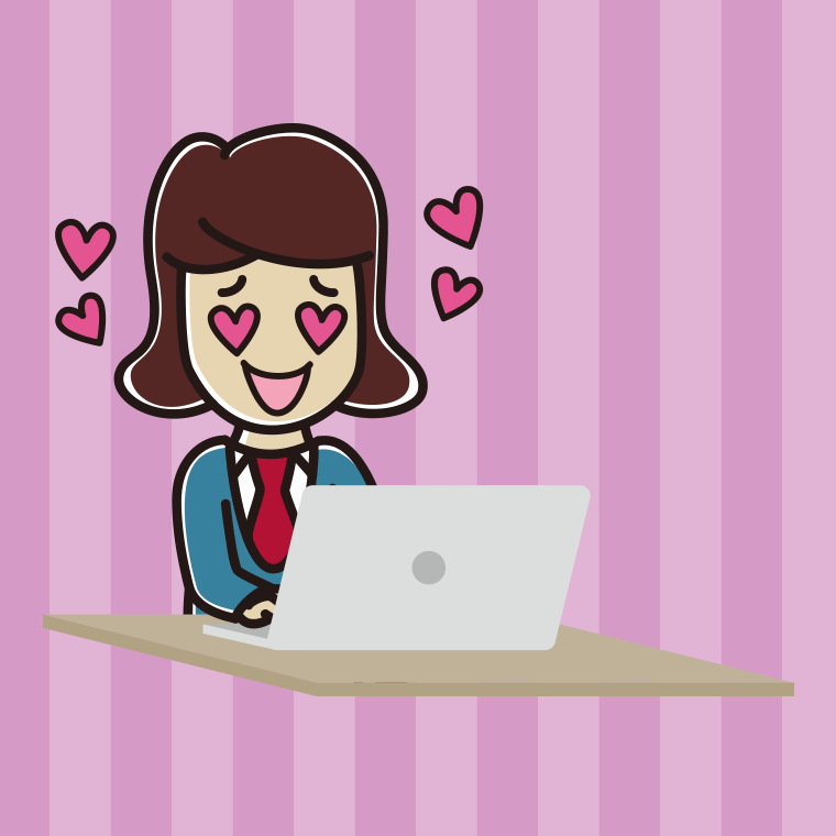 パソコンを見て目がハートになる女子高校生のイラスト【色、背景あり】PNG