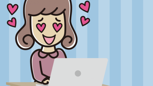 パソコンを見て目がハートになる女子大学生のイラスト【色、背景あり】PNG