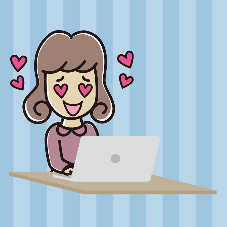 パソコンを見て目がハートになる女子大学生のイラスト【色、背景あり】PNG
