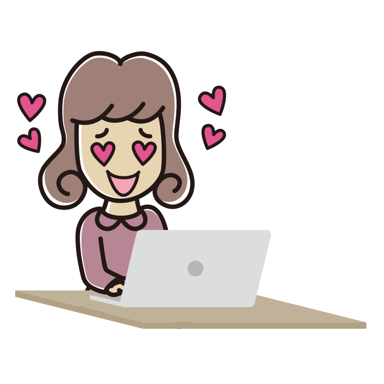 パソコンを見て目がハートになる女子大学生のイラスト【色あり、背景なし】透過PNG