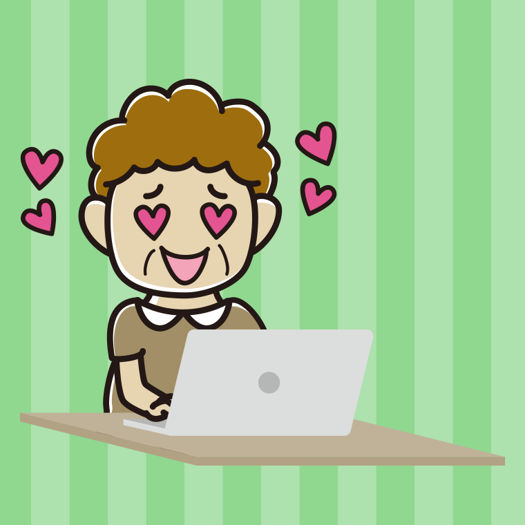 パソコンを見て目がハートになるおばさんのイラスト【色、背景あり】PNG