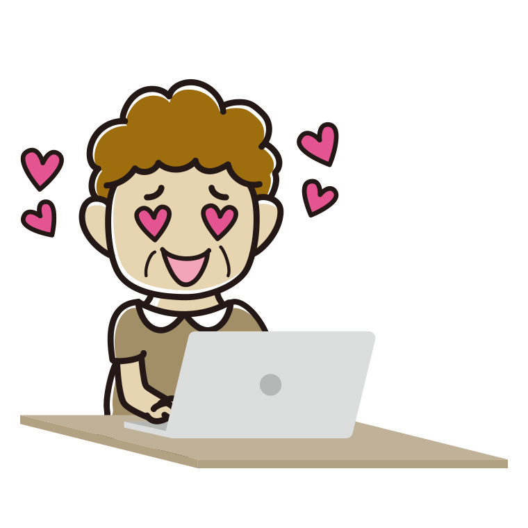 パソコンを見て目がハートになるおばさんのイラスト【色あり、背景なし】透過PNG