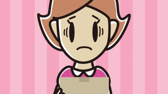 段ボール箱を持って困る女性のイラスト【色、背景あり】PNG