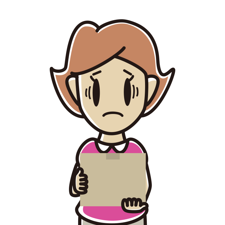 段ボール箱を持って困る女性のイラスト【色あり、背景なし】透過PNG