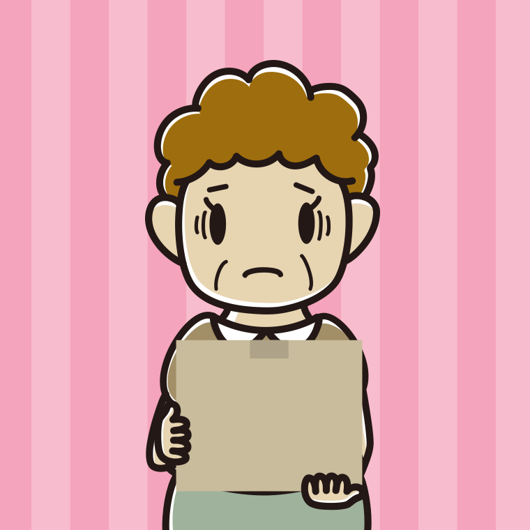 段ボール箱を持って困るおばさんのイラスト【色、背景あり】PNG