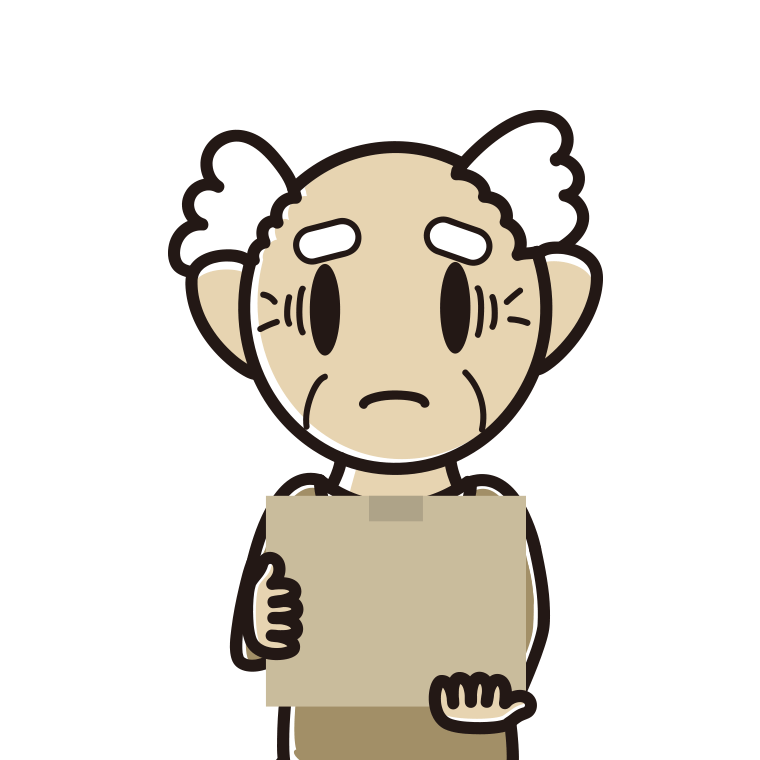 段ボール箱を持って困るおじいさんのイラスト【色あり、背景なし】透過PNG
