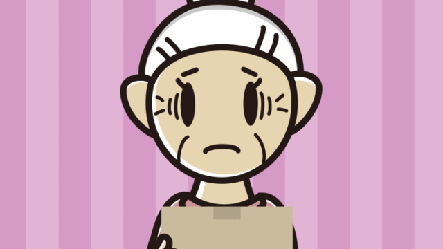 段ボール箱を持って困るおばあさんのイラスト【色、背景あり】PNG