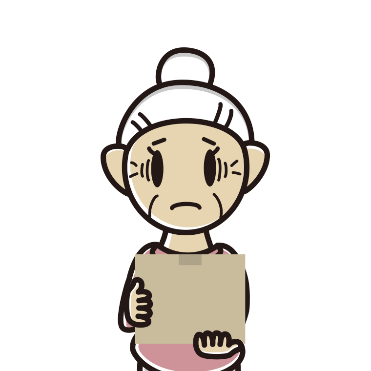 段ボール箱を持って困るおばあさんのイラスト【色あり、背景なし】透過PNG