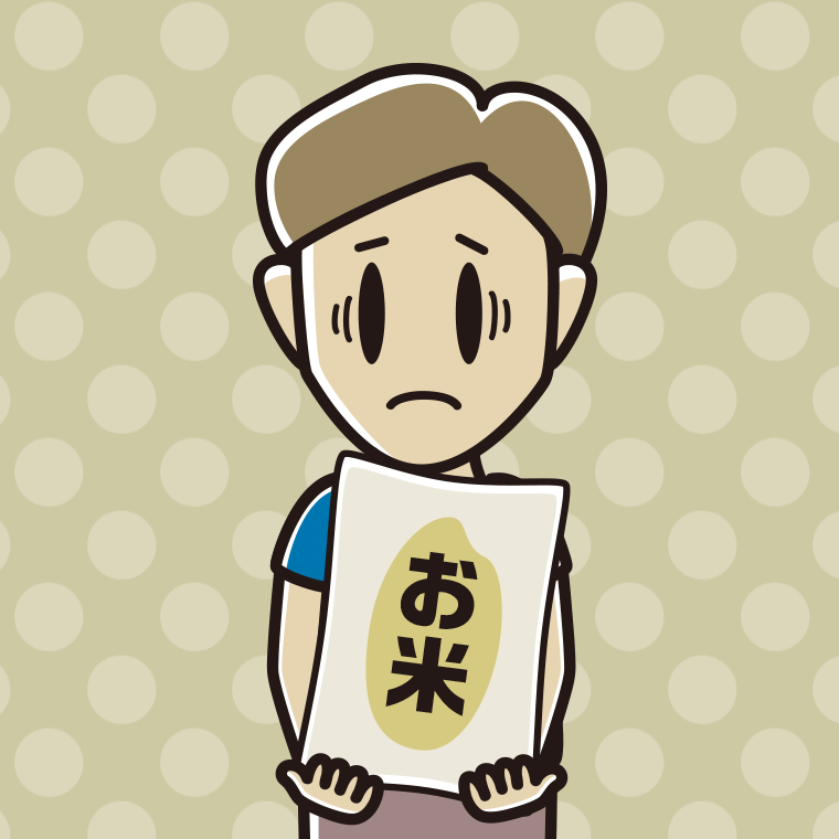 米袋を持って困る男性のイラスト【色、背景あり】PNG