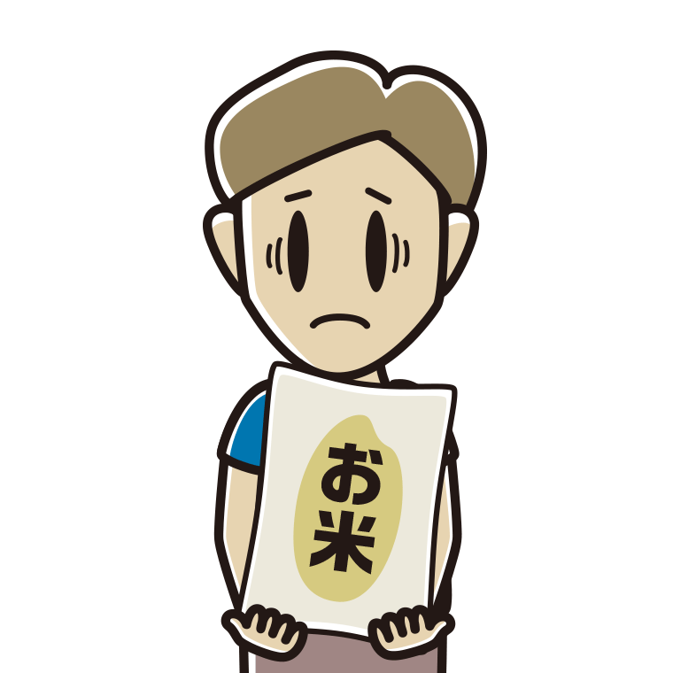 米袋を持って困る男性のイラスト【色あり、背景なし】透過PNG