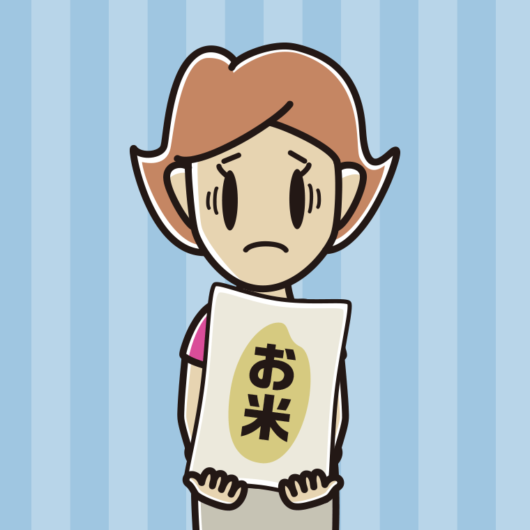 米袋を持って困る女性のイラスト【色、背景あり】PNG