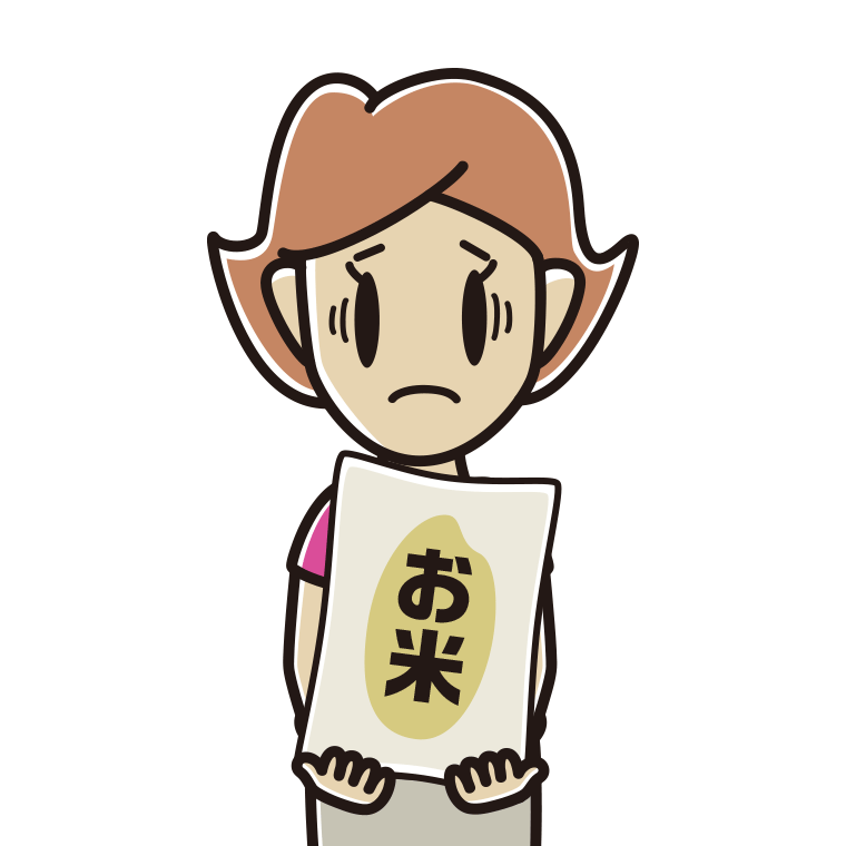 米袋を持って困る女性のイラスト【色あり、背景なし】透過PNG