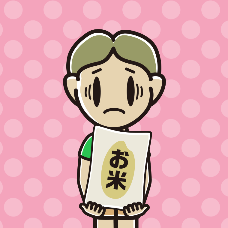 米袋を持って困る小学生男子のイラスト【色、背景あり】PNG