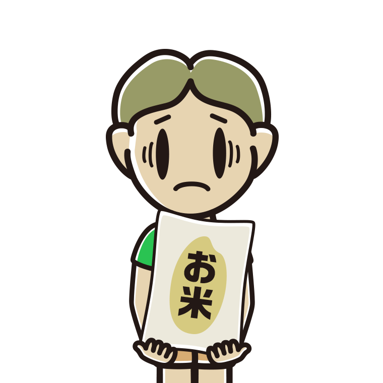 米袋を持って困る小学生男子のイラスト【色あり、背景なし】透過PNG