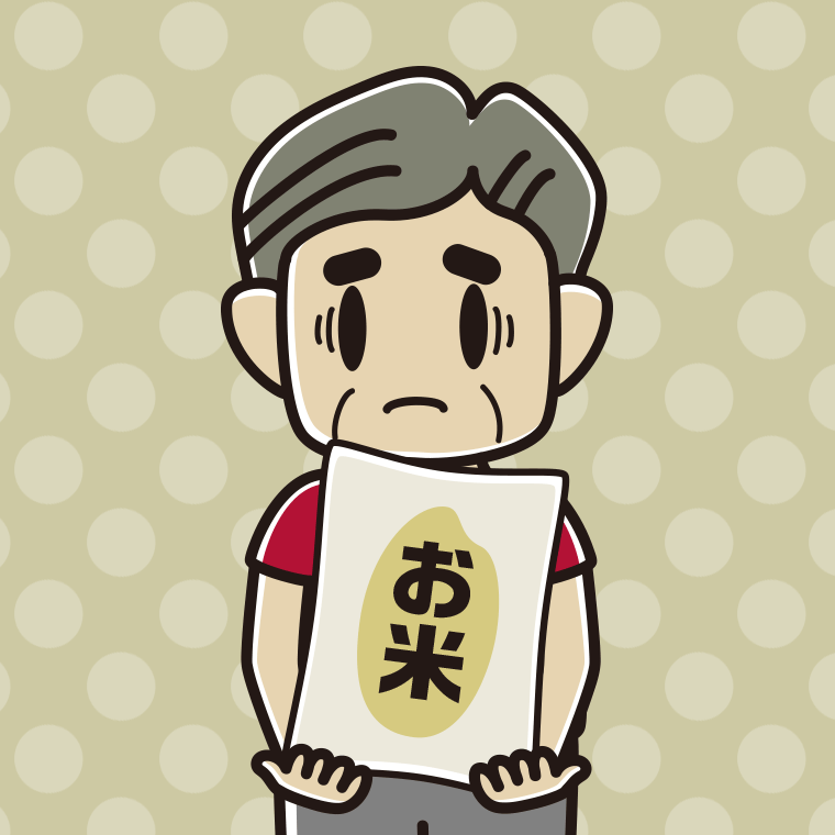 米袋を持って困るおじさんのイラスト【色、背景あり】PNG