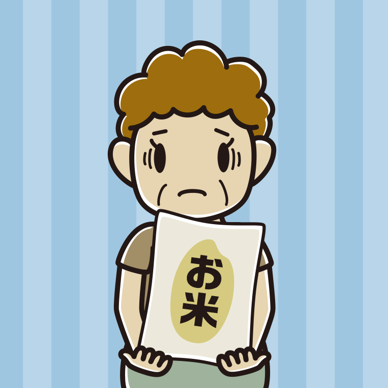 米袋を持って困るおばさんのイラスト【色、背景あり】PNG