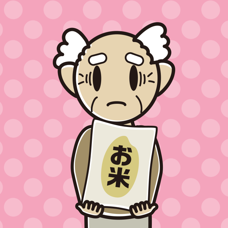 米袋を持って困るおじいさんのイラスト【色、背景あり】PNG