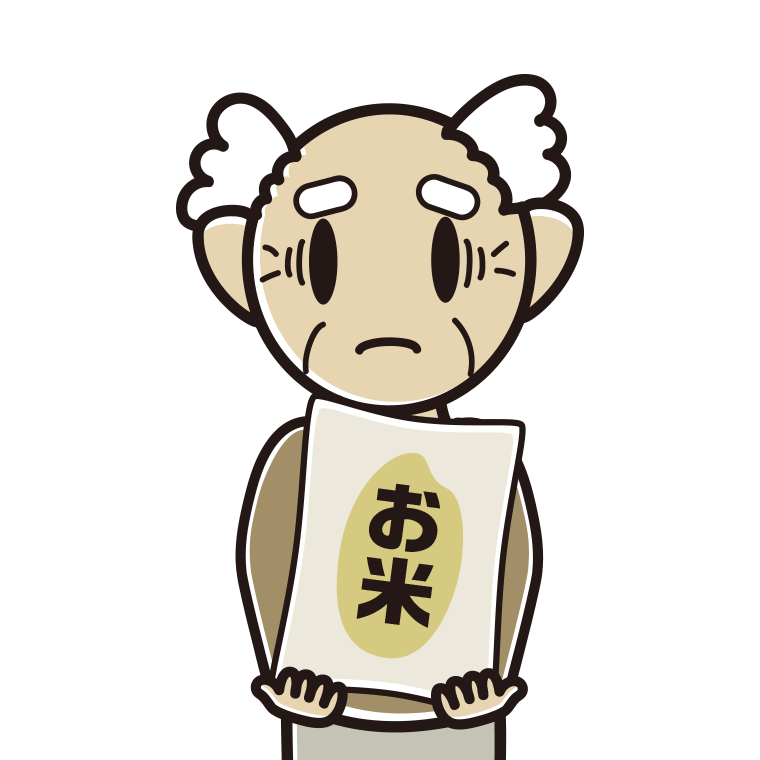 米袋を持って困るおじいさんのイラスト【色あり、背景なし】透過PNG