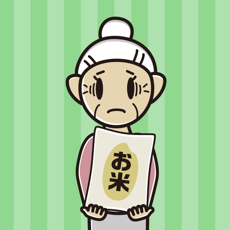 米袋を持って困るおばあさんのイラスト【色、背景あり】PNG