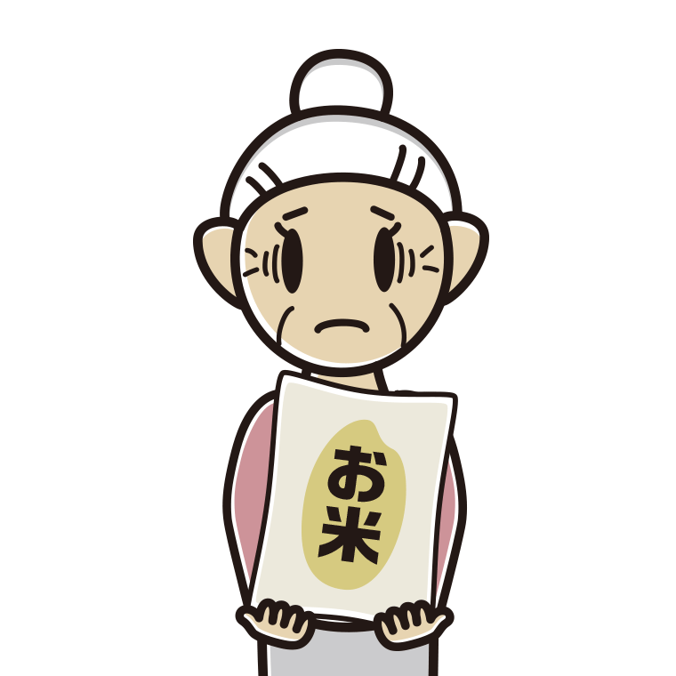 米袋を持って困るおばあさんのイラスト【色あり、背景なし】透過PNG