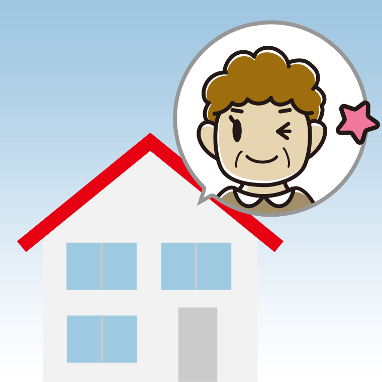 一戸建てでウインクするおばさんのイラスト【色、背景あり】PNG