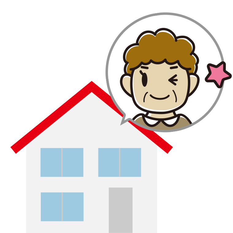 一戸建てでウインクするおばさんのイラスト【色あり、背景なし】透過PNG