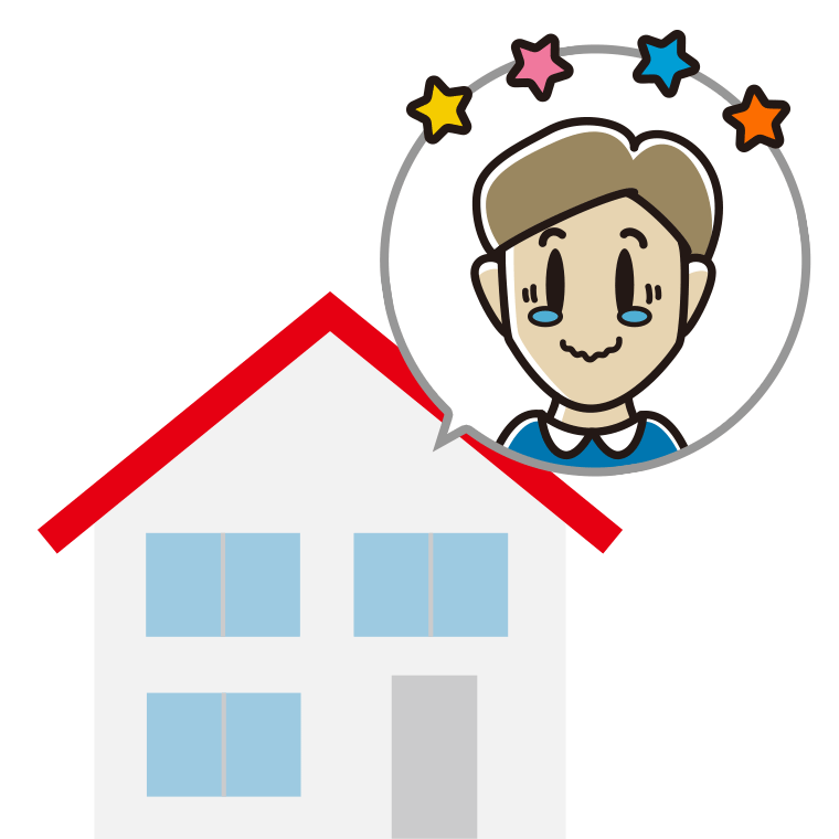 一戸建てでジーンとする男性のイラスト【色あり、背景なし】透過PNG