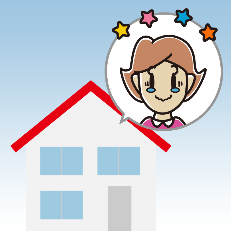 一戸建てでジーンとする女性のイラスト【色、背景あり】PNG