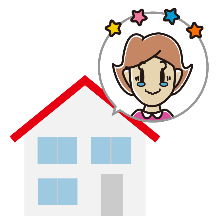 一戸建てでジーンとする女性のイラスト【色あり、背景なし】透過PNG