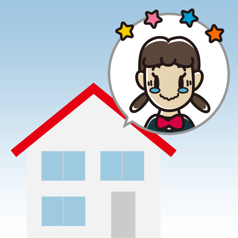 一戸建てでジーンとする女子中学生のイラスト【色、背景あり】PNG