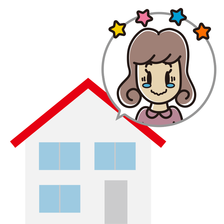 一戸建てでジーンとする女子大学生のイラスト【色あり、背景なし】透過PNG