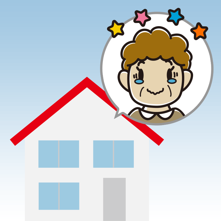 一戸建てでジーンとするおばさんのイラスト【色、背景あり】PNG