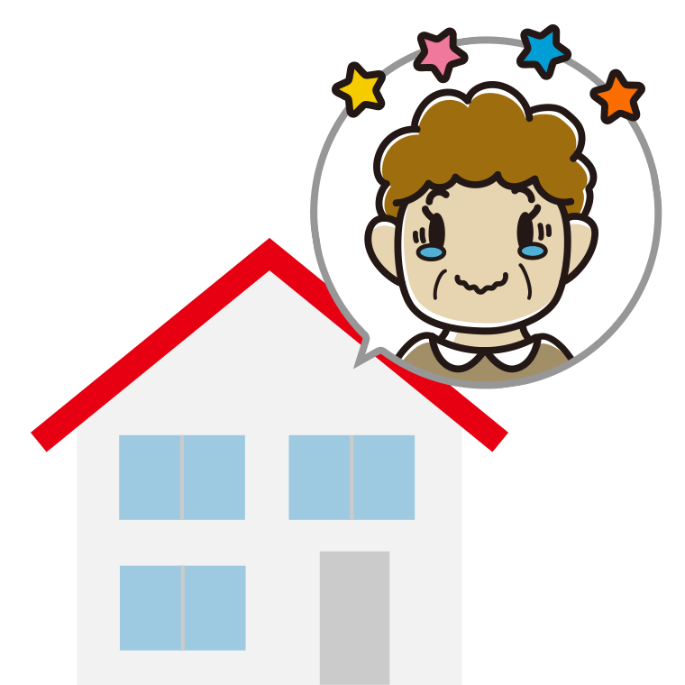 一戸建てでジーンとするおばさんのイラスト【色あり、背景なし】透過PNG
