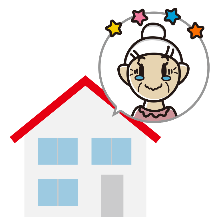 一戸建てでジーンとするおばあさんのイラスト【色あり、背景なし】透過PNG