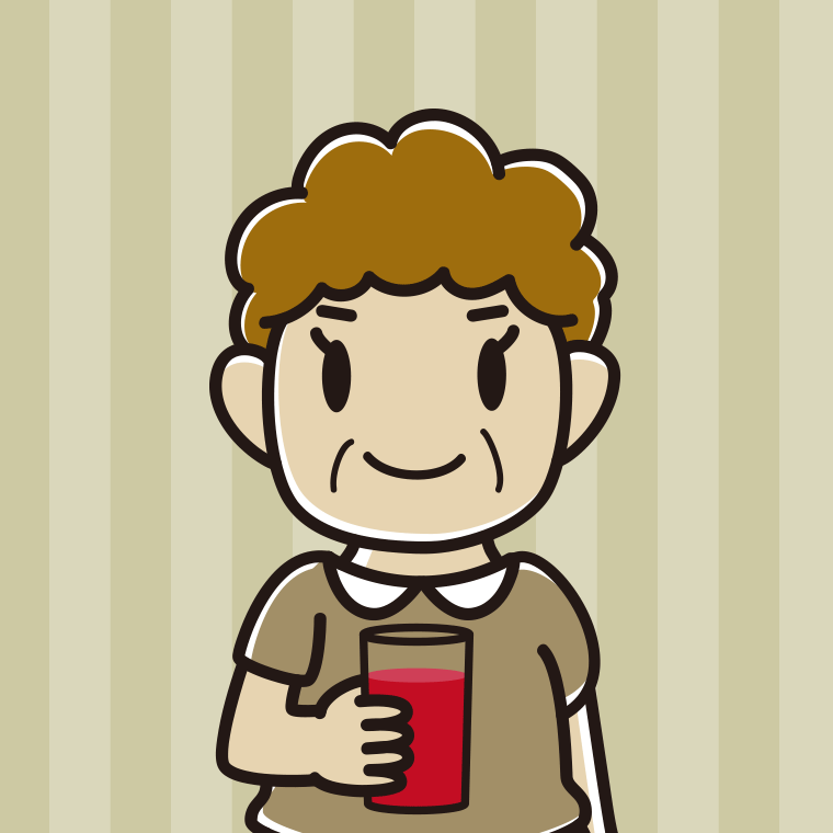 トマトジュースを飲むおばさんのイラスト【色、背景あり】PNG