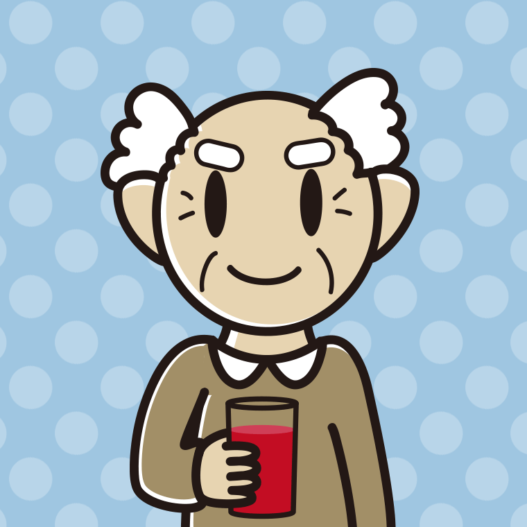 トマトジュースを飲むおじいさんのイラスト【色、背景あり】PNG