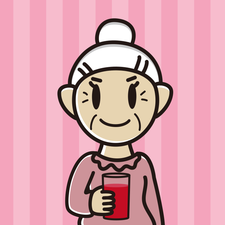 トマトジュースを飲むおばあさんのイラスト【色、背景あり】PNG