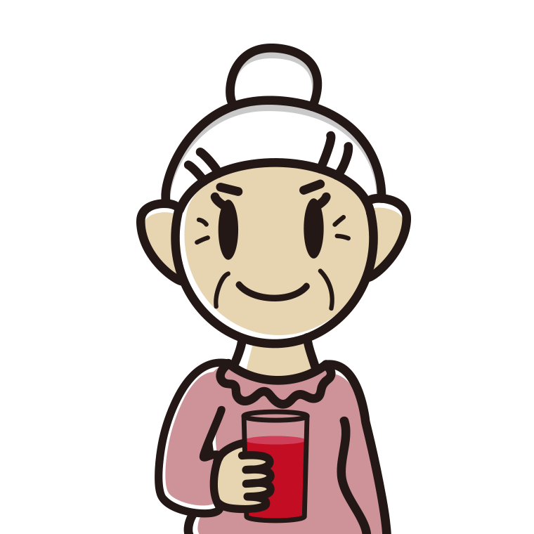 トマトジュースを飲むおばあさんのイラスト【色あり、背景なし】透過PNG