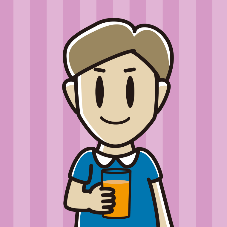 オレンジ（野菜）ジュースを飲む男性のイラスト【色、背景あり】PNG