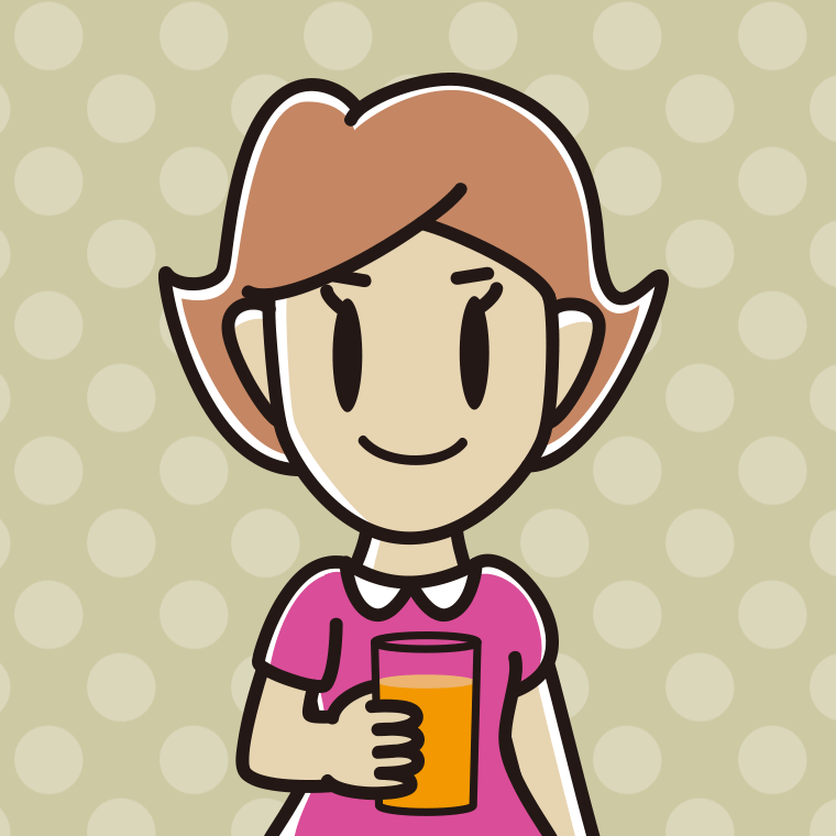 オレンジ（野菜）ジュースを飲む女性のイラスト【色、背景あり】PNG