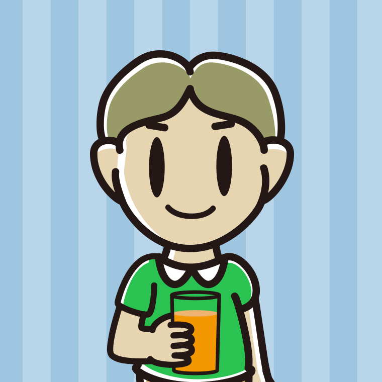 オレンジ（野菜）ジュースを飲む小学生男子のイラスト【色、背景あり】PNG