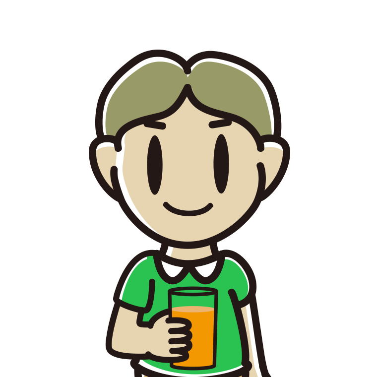 オレンジ（野菜）ジュースを飲む小学生男子のイラスト【色あり、背景なし】透過PNG